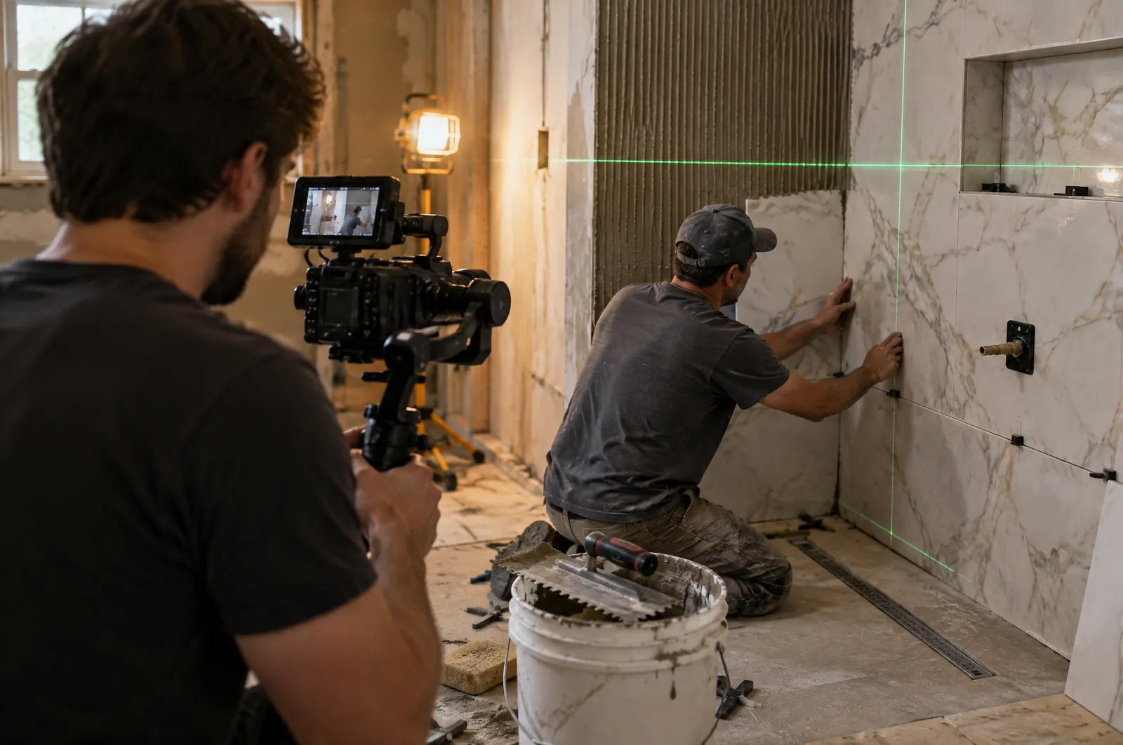 A videographer filming a tile setter installing large-format tile