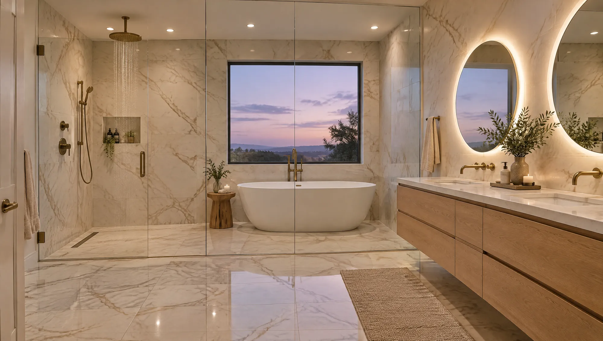 A remodeled primary bathroom wet room with walk-in shower and soaking tub